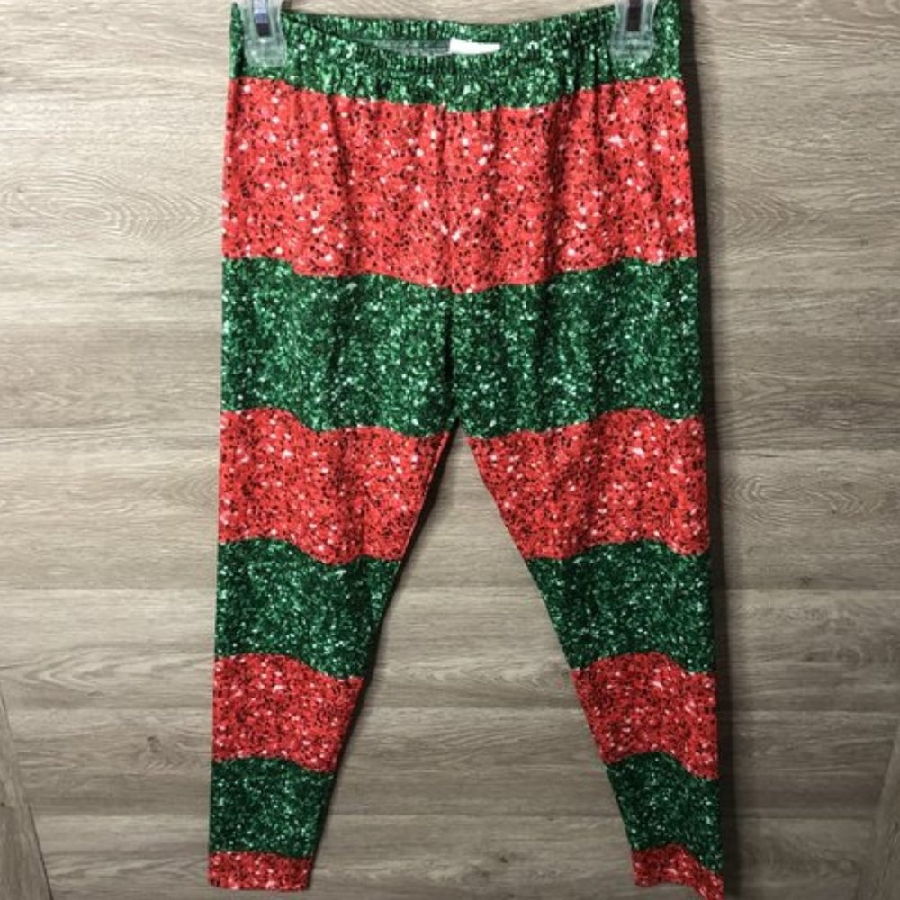 CowCow Womens Large Red Green Christmas Leggings